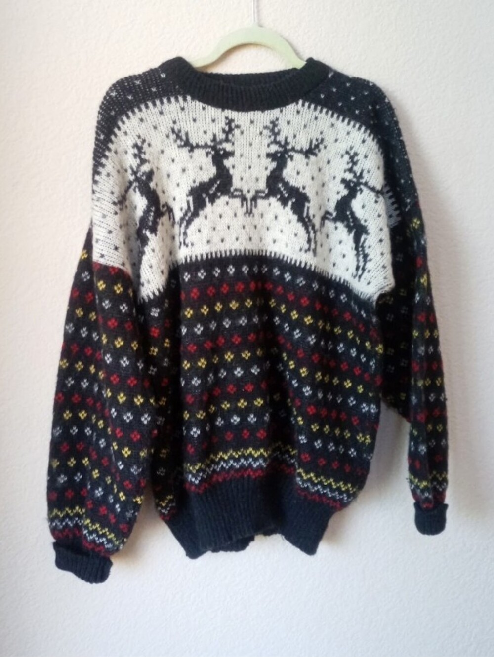 Nesjar Norwegian vintage chunky 100% wool sweater with a festive reindeer motif